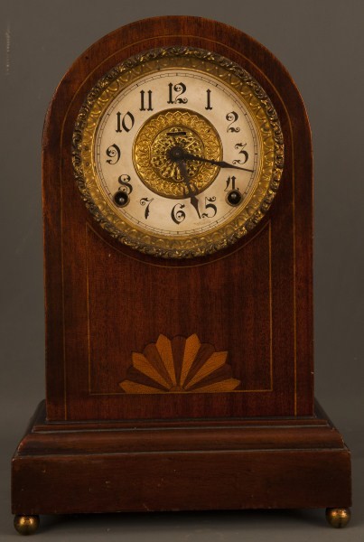 Mahogany Clock: Ingraham & Co Mahogany inlayed marketry case mantle clock standing 14" h, ca 1880