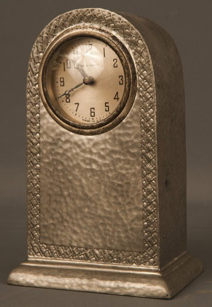 New Haven Clock: New Haven pewter novelty clock, 6 1/2" h, ca 1920