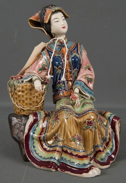 Chinese Earthenware Figure/ Seated Woman Guanyin: Chinese earthenware figure of a seated woman, glazed with fantastic detail, possible representation of Guanyin, signed