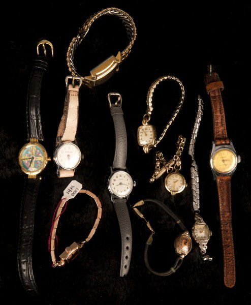 Wrist Watches 14K gold Bulova & others: 14K gold Bulova woman's watch (missing crystal), stainless steel band with a lady's imperial watch, lady's waltham gf, lady's Bulova gf watch and 6 other watches