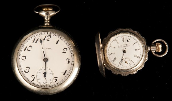 Pocket Watches-Elgin,Waltham: Elgin Silverods open face pocket watch size 16 #29815571 and a smaller Waltham lady's coin silver hunt case pocket watch size 3/0 #6410640