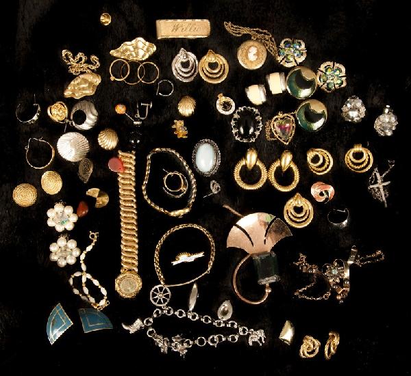 Costume Jewelry-sterling brooch, Coro earrings: Costume jewelry. Including gold-filled stretch bracelets, sterling brooch, Coro earrings & others, rings, etc.
