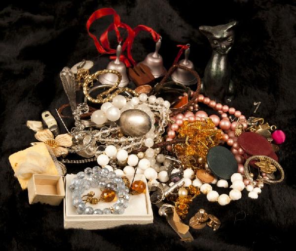 Costume Jewelry-Sterling & costume jewelry: Sterling & costume jewelry. Including two sterling bangles, two sterling pins, crystal beads, faux pearls, necklaces, bracelets, etc.