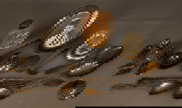 Sterling Tiffany lidded cylinder etc: Sterling silver items, a glass and silver flask, sterling frame with photo, flatware and a Tiffany lidded cylinder, approx. 13.5 troy oz excluding the unweighted/glass items