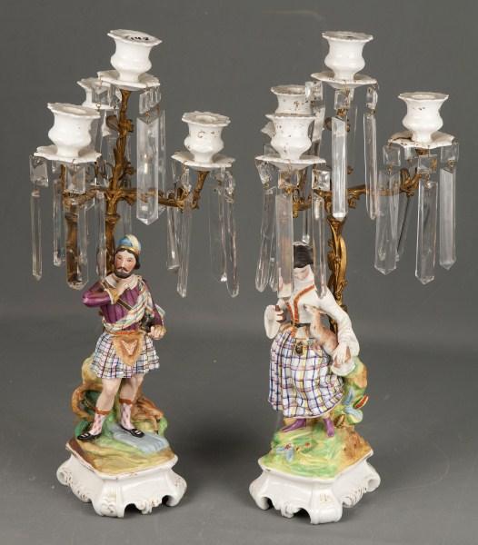 Pr 19th C Parris Porcelain Figural Candelabras: Pr 19th C Parris Porcelain Figural Candelabras four light candalobras w/ hanging cryatals