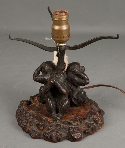 Asian Bronze Table Lamp: Asian Bronze table lamp with three monkeys, hear no evil, see no evil, speak no evil, on a burl wood base lacking shade, proably had a slag shade at one time c 1930 (signed