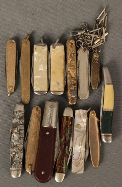 10K Gold Knife & a Grouping of Pocket Knives: Grouping of knives including a 10K gold knife, 14 pieces