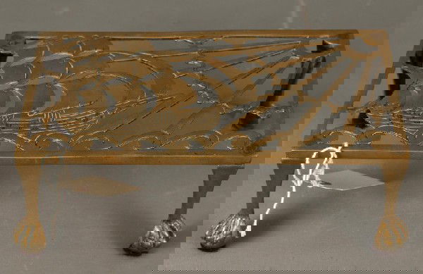 19th C brass Trivet: 19th C brass trivet with ship, signed