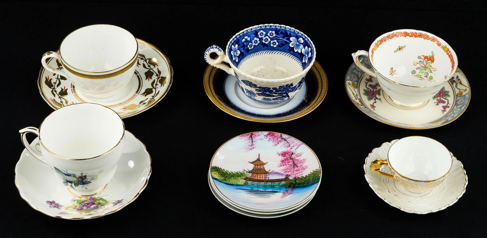 Vintage Tea / Demitasse Cups & Saucers (5): Various mixed and matched cups and saucers, including 'Rhapsody' Duchess bone China, Lenox 'Ming', Tuscan Fine English bone China, Limoges France, Copeland Spode's Tower England, T&V, and others.