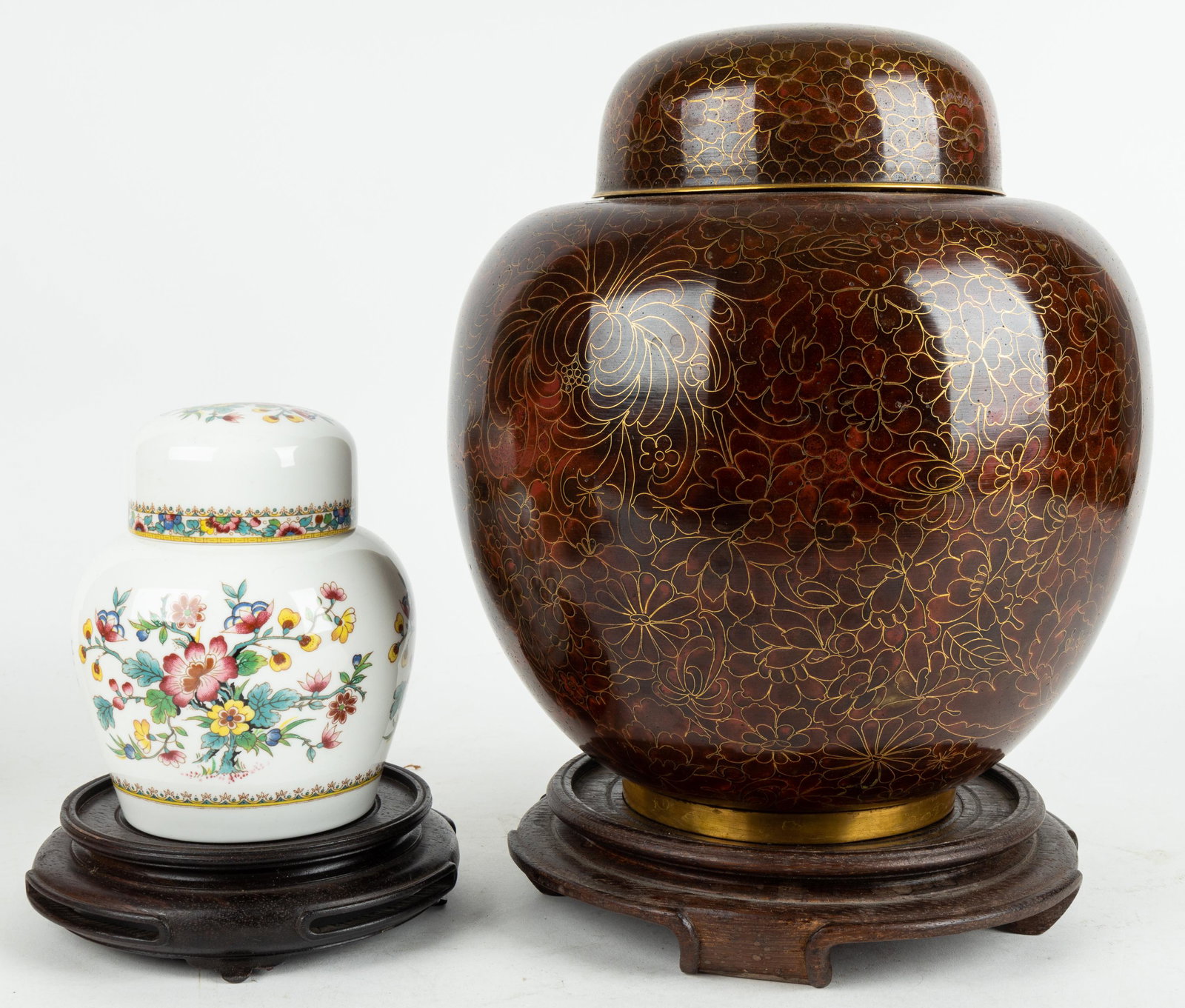 Bone China, Cloisonne Ginger Jars: Large mottled brown jar with one damaged area on side (see photo) on wood base, approx 12"H x 9" in diameter, Coalport bone china Ming Rose floral pattern approx 5.5"H x 4.5"D