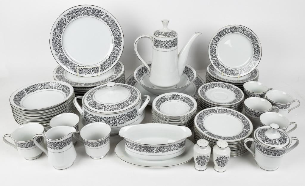 Society China Set: Black and white "Society China" with 8 dinner plates, 8 salad plates, 8 bowls, 8 dessert bowls, 8 bread plates, 8 saucers, coffee pot, vegetable bowl, charger plate approx 12" diam, gravy boat, covere
