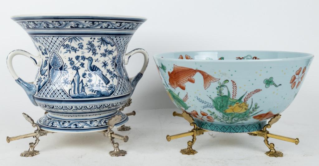 Decorated Porcelain Vessels & Metal Stands (1 of 6)
