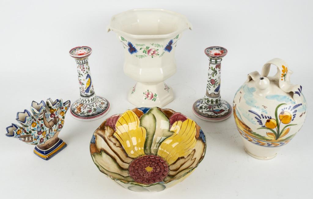 Colorful Painted Pottery: Nora Fenton candlesticks, Portugal multi-bud vase, H. J. Wood England Burslem floral bowl approx 9.75" in diameter, unmarked wine jug, and Pfaltzgraff Henry Ford Museum krater approx 9.75"H