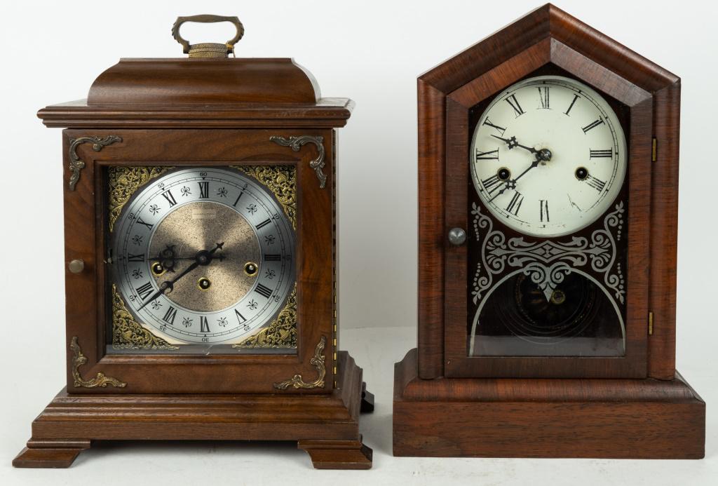 Hamilton & Gilbert Case Clocks: Hamilton case clock is walnut, inside markings 'Two Jewels Unadjustet West Germany', approx 15"H x 12"W, is untested, clock is wound tight. Gilbert cathedral case clock has some veneer, clock face los