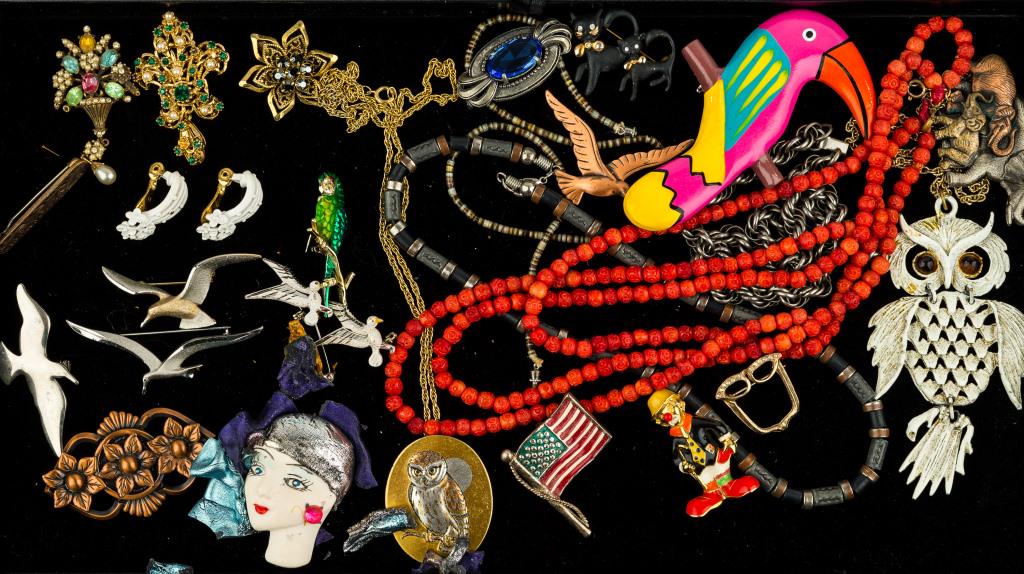 "Coro" and Vintage Jewelry Collection: "Coro" multi-color with pearl drop brooch, other brooches including seabull, cat, flag, more, and owl and coral necklaces and more.