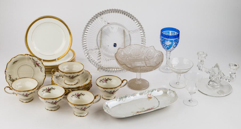 Rosenthal, Porcelain & Glassware: Including 5 Rosenthal tea cups and 6 saucers, 7 Wright Tyndale & Van Roden bread plates, Germany floral dish, glass candlesticks, serving dish, blue and clear wine goblet, cordial and martini pheasant