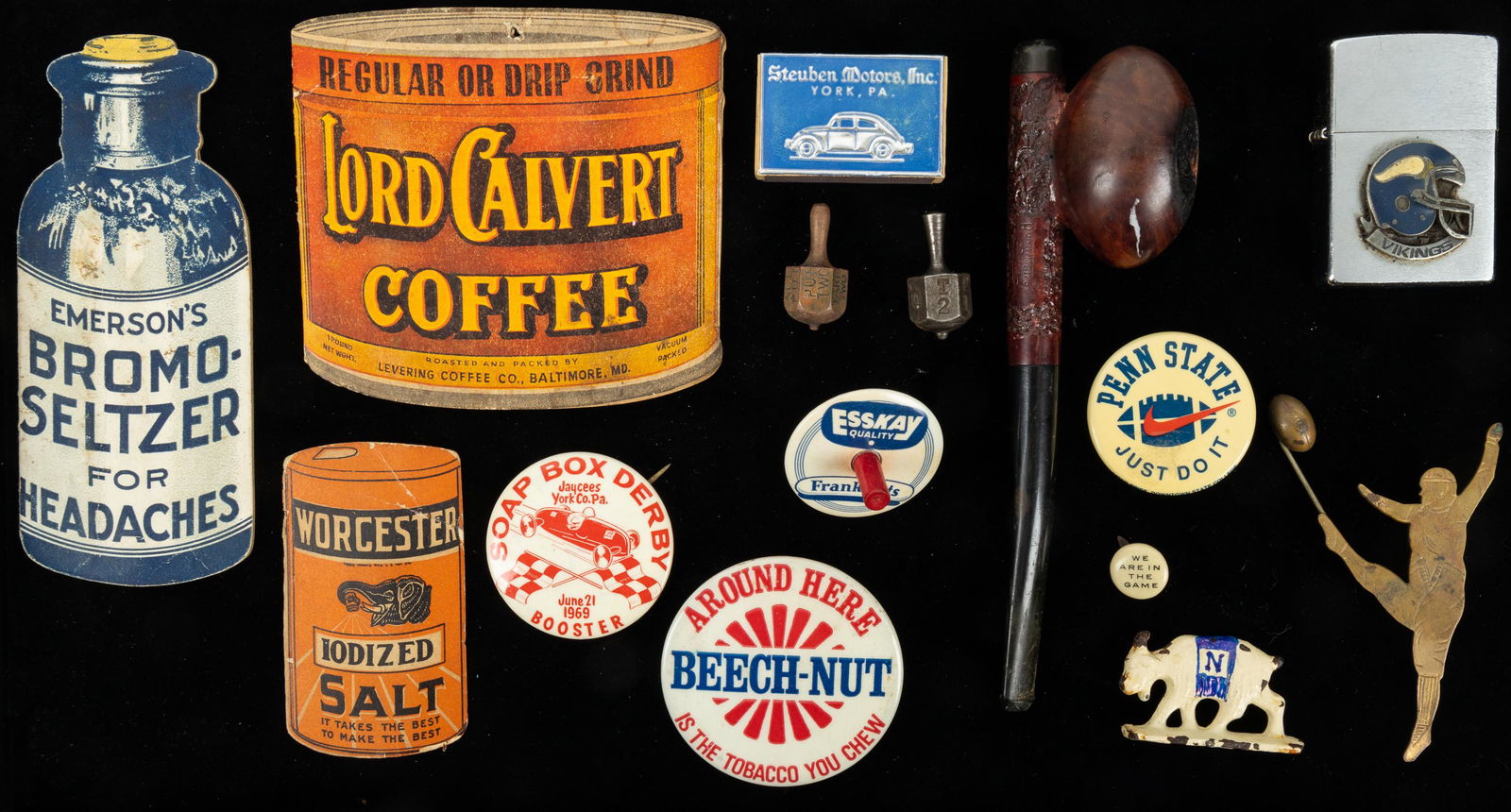 Advertising, Tobacco and Sports: Including advertising needle packs, Steuben Motors matchbox, Beech-Nut, Frankfurts top, Penn State Nike pin, Navy football Goat Mascot, Vikings Zippo, brass footballer pin, Rugbyman's tobacco pipe mad
