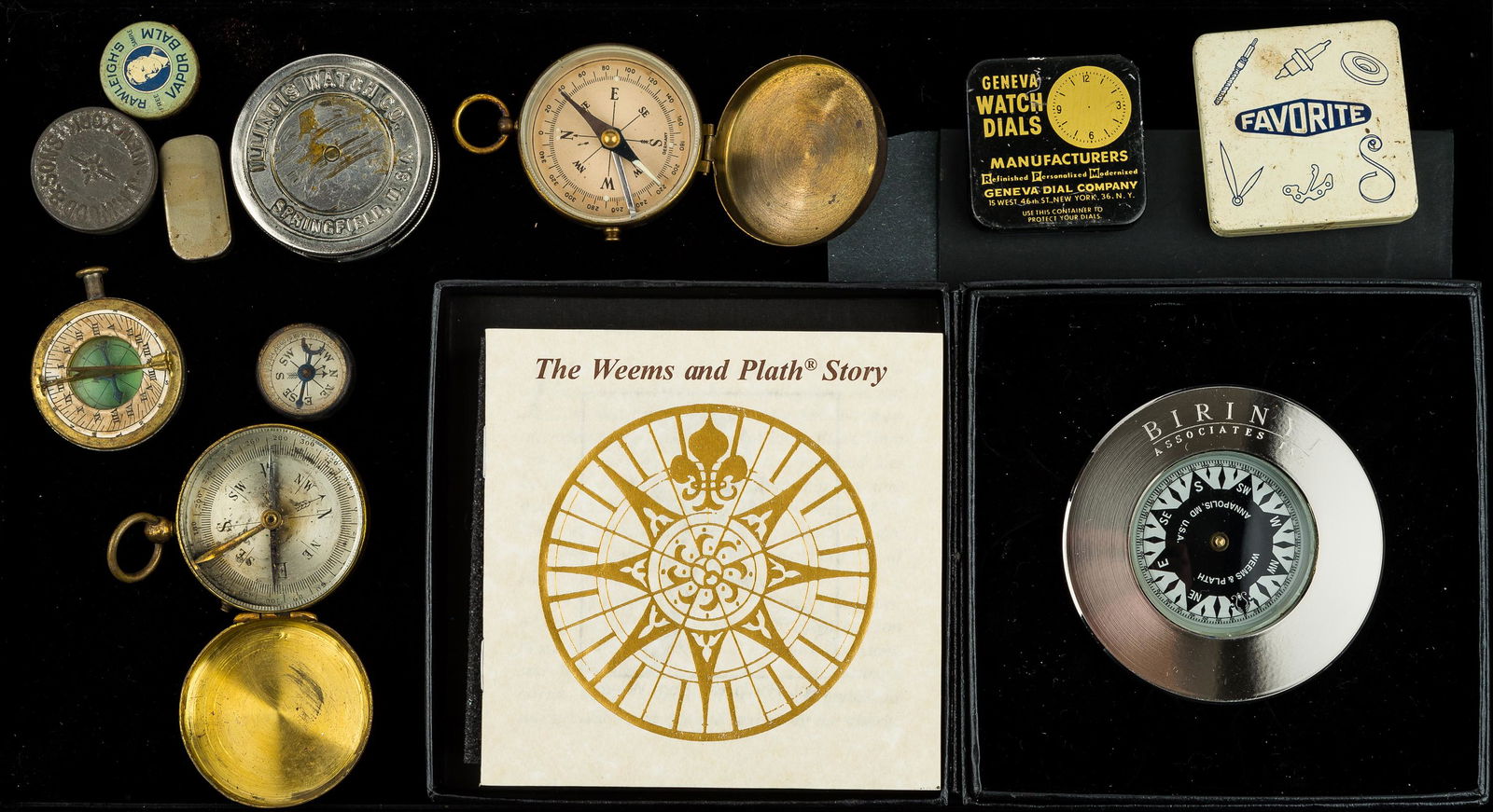 Compasses & Watch Repair Tins: Including Weems & Plath deck compass, unmarked compass with folding sundial, paperbacked 'Germany' compass, metal compass with needle lock marked 'Made in France', Dr. Scott's Electric Brush compass,