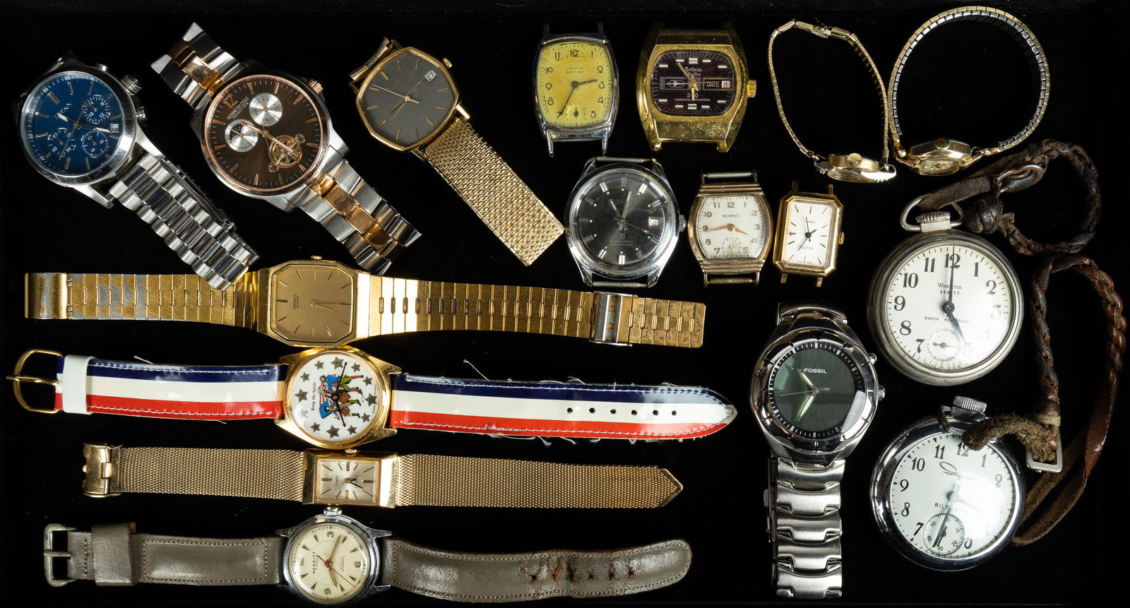 Pocket & Wristwatches: Including Ingraham (runs), Westclox (untested) pocket watches with leather fobs, Fossil, Pulsar, 2 Bulova ladies, Kenneth Cole, DKNY, Seiko, Timex, Merritt, watches with bands (untested), and Westclox