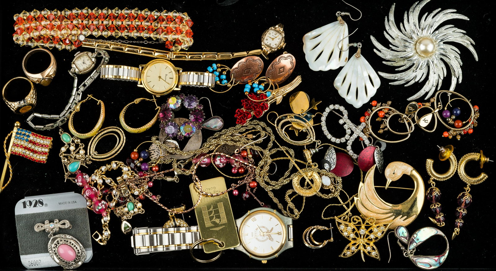 Vintage Watch & Jewelry: Watches to include 2 Bulova, earrings, brooches to include novelty and rhinestone, and more.