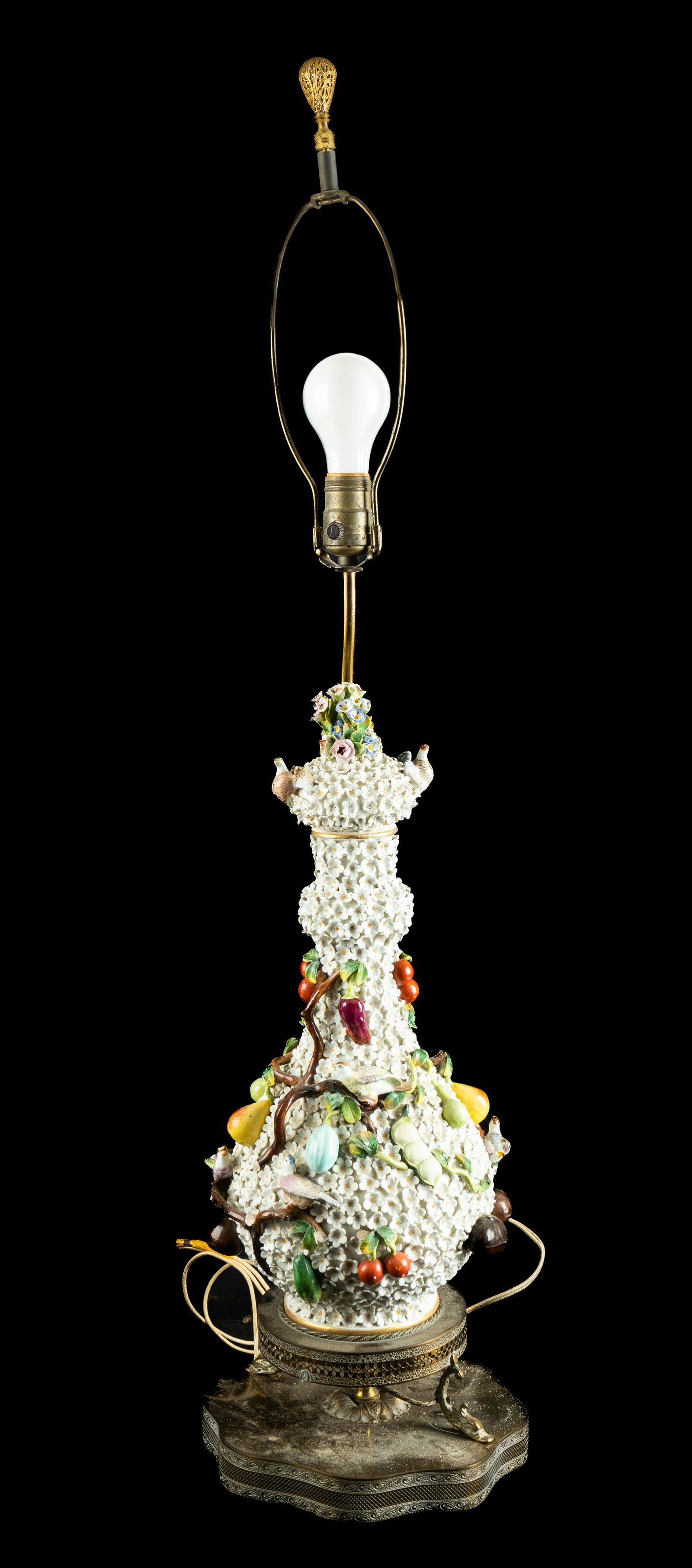Meissen Style Snowball Lamp: This is a Meissen Style Snowball Lamp. It measures approx 38 1/2" H x 8 1/2" dia (at the widest). The cord is attached, but has not been tested. There is some loss to the flowers and birds.