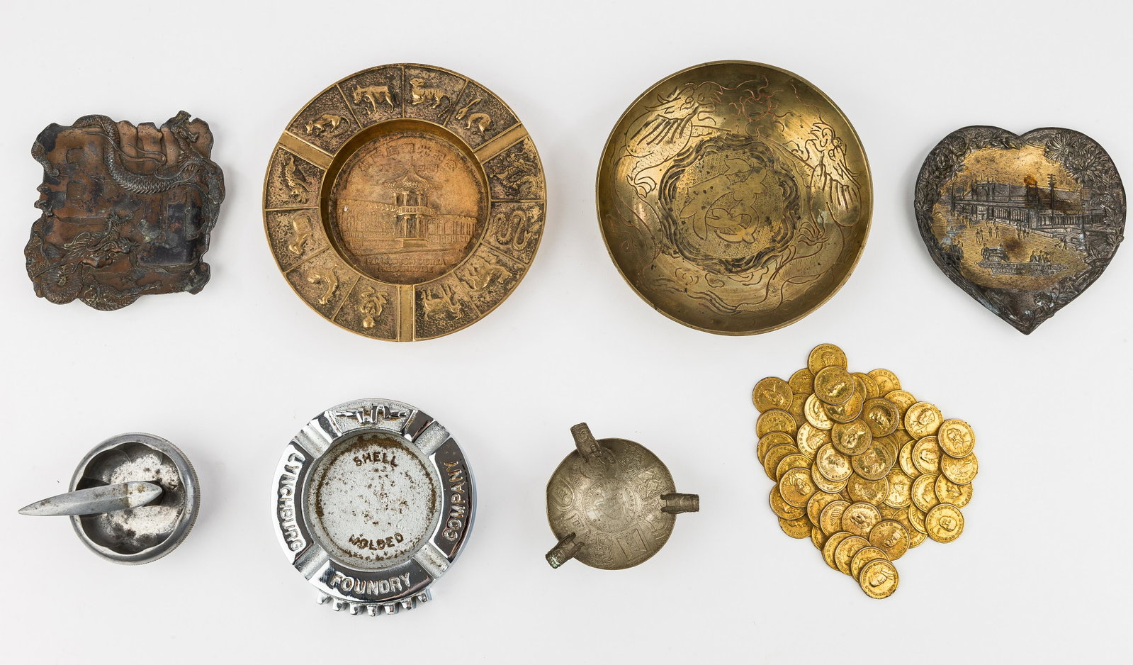 Vintage Metal Ware Including Souvenir: Included in this lot of metal ware include an art deco ashtray marked Potter Ware on bottom, one ashtray for Lynchburg Foundry Company and another ashtray (possibly Mexican). There is also one Asian s