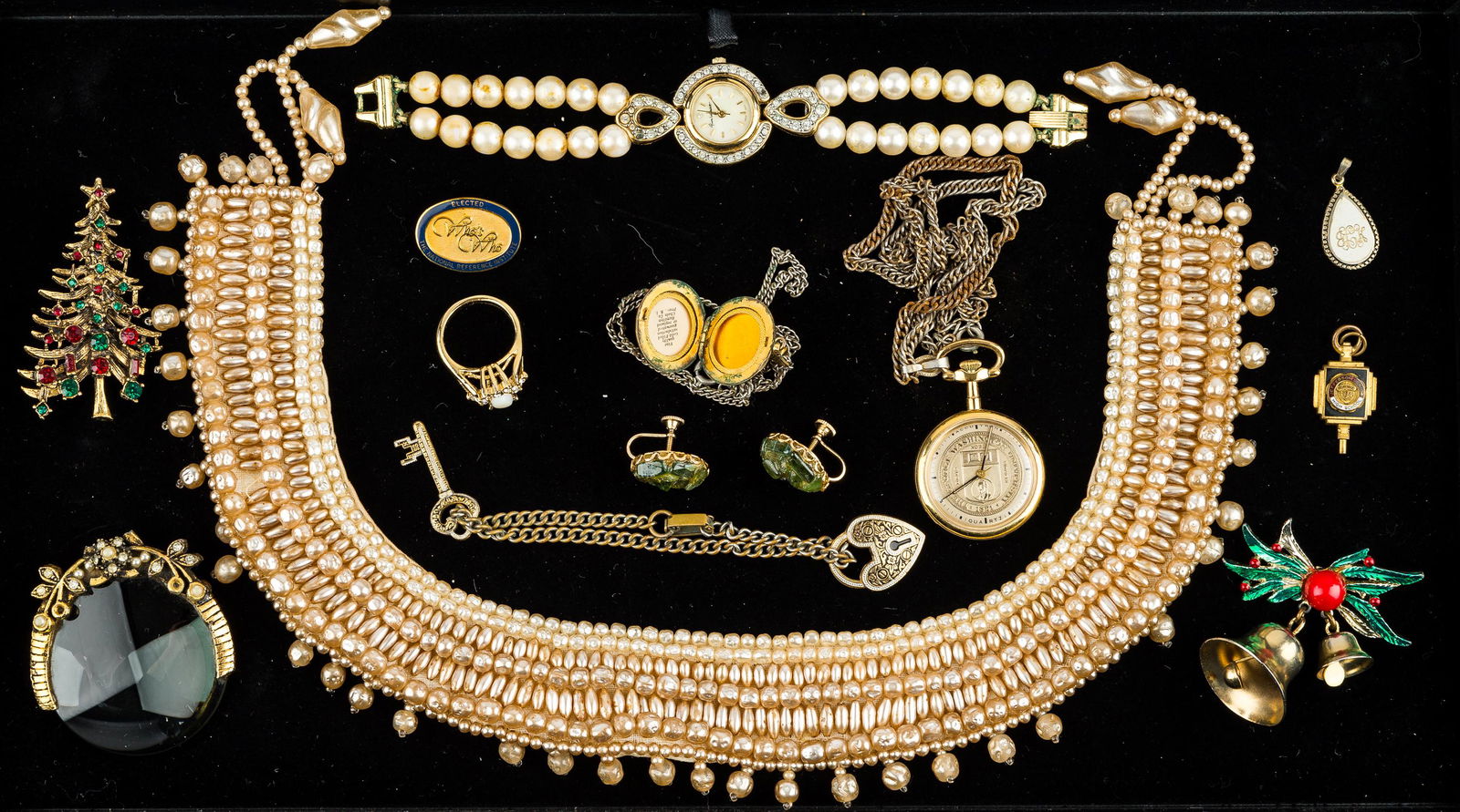 Pearl Choker, Hamilton Co Locket & More: Hand made 'Top Hit' fashion faux pearl choker by Baare Beards Inc, Japan, gold filled Hamilton Chain Co locket, decorative pendant magnifying glass (missing loop), Christmas tree pin, Accutrone George