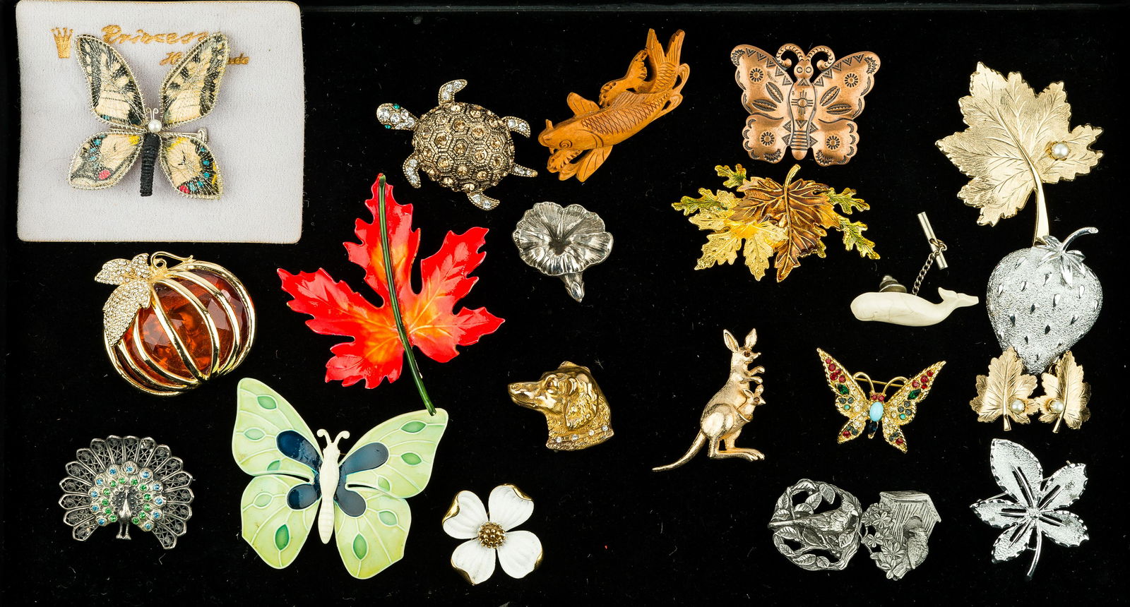 Trifari, Sarah Coventry & Other Costume Jewelry: Monet Turtle, Napier pumpkin, West Germany butterfly, Sarah Coventry strawberry, Dobert Original maple leaf, Trifari dogwood flower, Germany green butterfly, sterling over copper flower, Avon Kangaroo