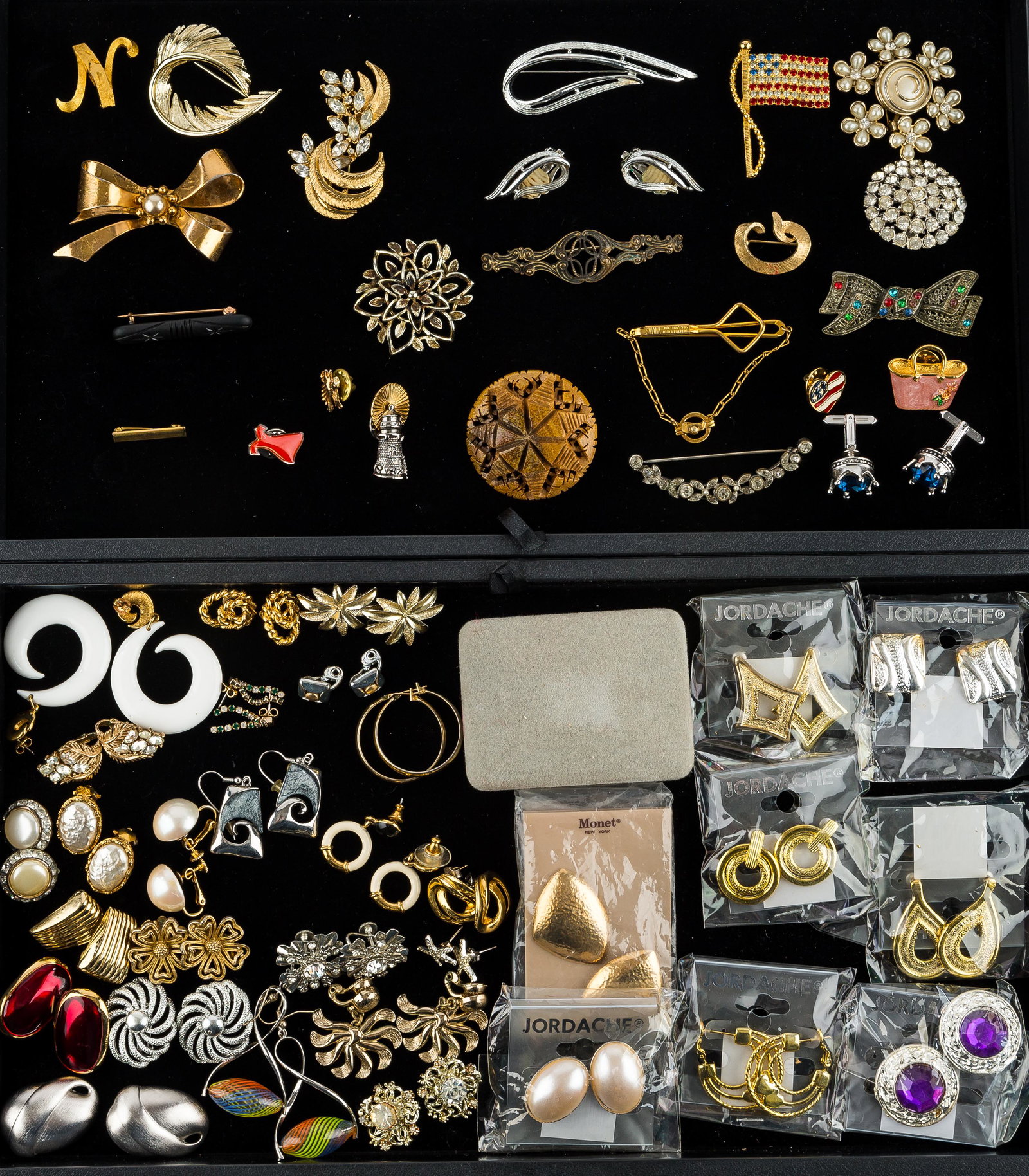 Victorian Mourning, Other Jewelry: Victorian Mourning bar pin with black glass, Mamselle 'N' pin, Lisner feather pin, Coro bow with faux pearl, Sarah Coventry pin with matching earrings and floral pin, BSK rhinestones, Monet earrings o