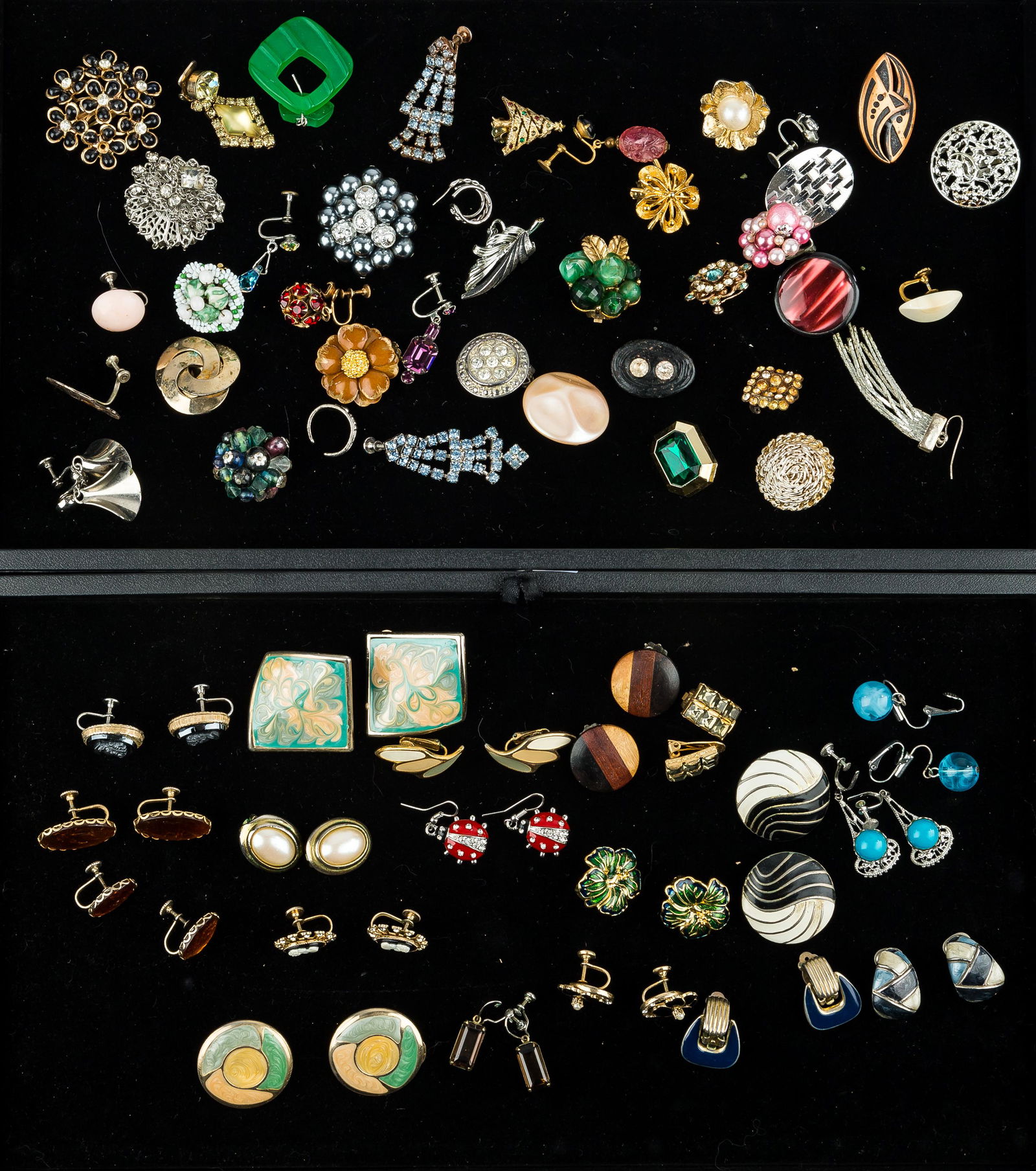 Gold Filled, Coro, Jewelry Remnants: Wilnard's gold filled earrings with smoky quartz stones, Coro cameo screwback earrings, and various other earrings and jewelry remnants.