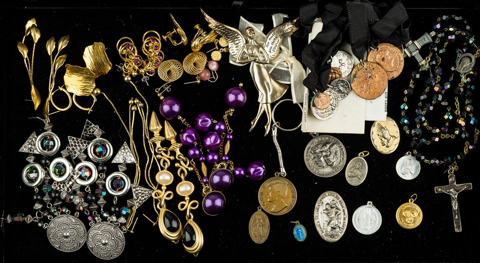 Religious & Other Jewelry: Including possibly sterling crucifix dated 1951, saints medallions, 2 'Coins of the Bible' on ribbons sets, nail cross, Kennedy keychain, Eleanor Roosevelt quote angel, Monet horseshoe earrings and mo