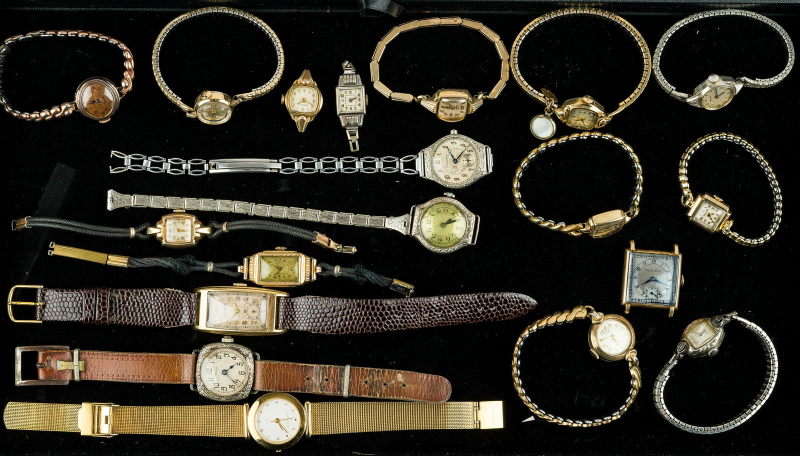 Antique & Vintage Ladies Watches: Including Emerson Swiss made 16 Jewels 14k white gold wrist watch, clasp works, winds but doesn't run, Hamilton, Benrus, Elgin, Cico, Bulova, Calvert, Paul Breguette 10k gold filled with blue crystal,