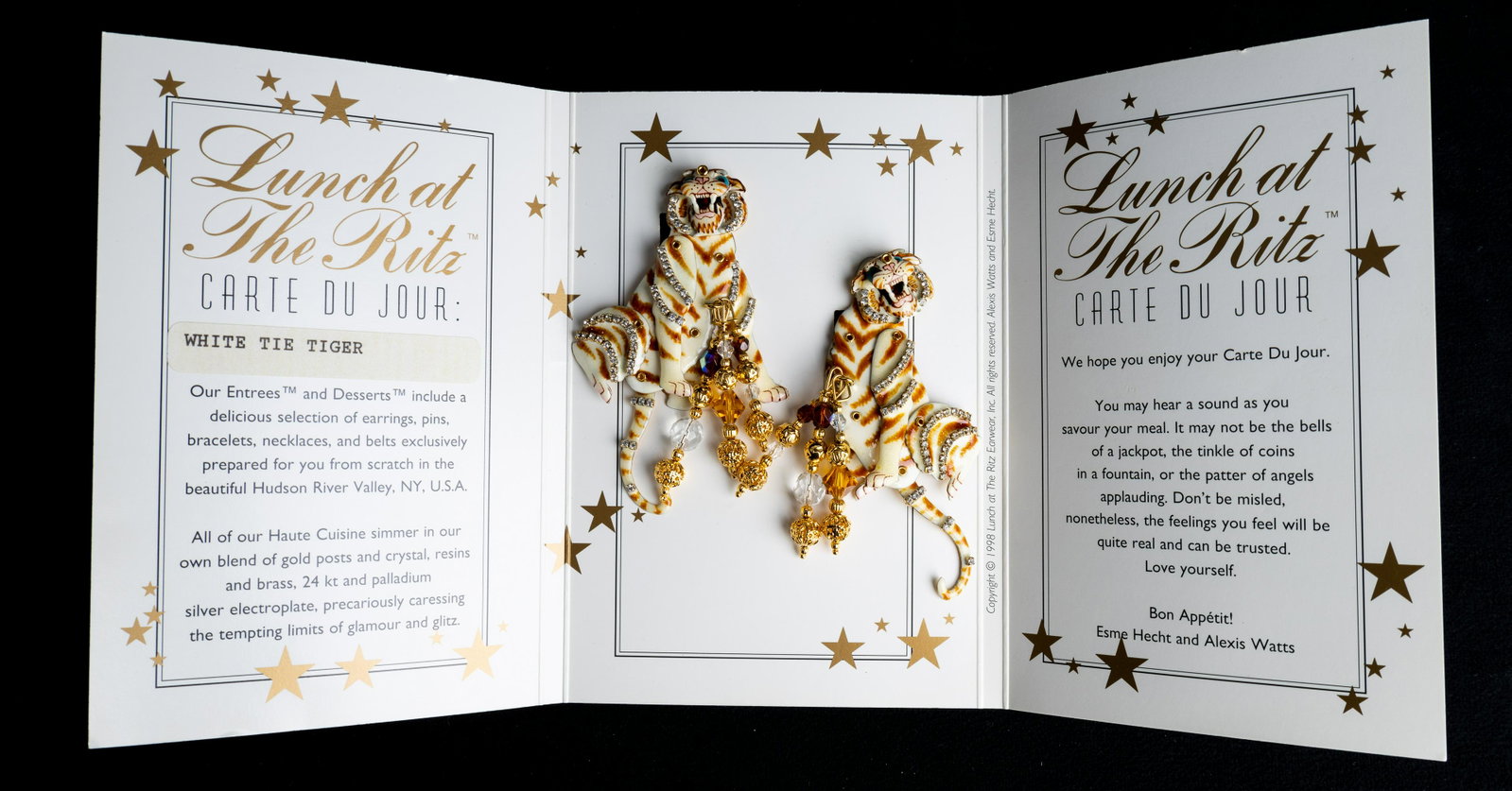 Lunch at the Ritz Vintage Earrings: Rare retired design 'White Tie Tiger' glamorous, exotic Austrian Czech glass and crystal clip earrings with 'Carte Du Jour' menu card.