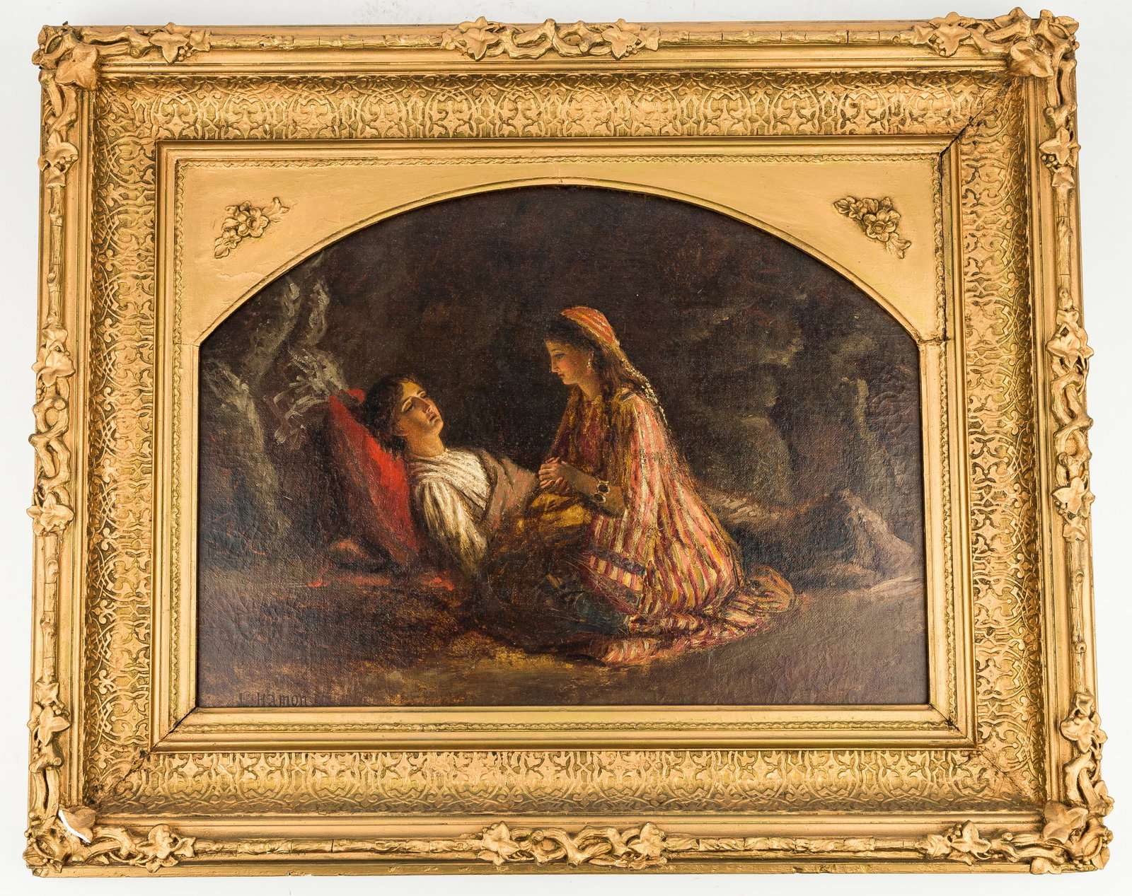 L. Hamon signed Oil on Canvas, Gypsy and Man: This is an oil on canvas painting of a gypsy woman next to the bed of an ill man. Artist signature appears to read L.Hamon in LL and could be Jean-Louis Hamon (5 May 1821 â€“ 29 May 1874) a Frenc