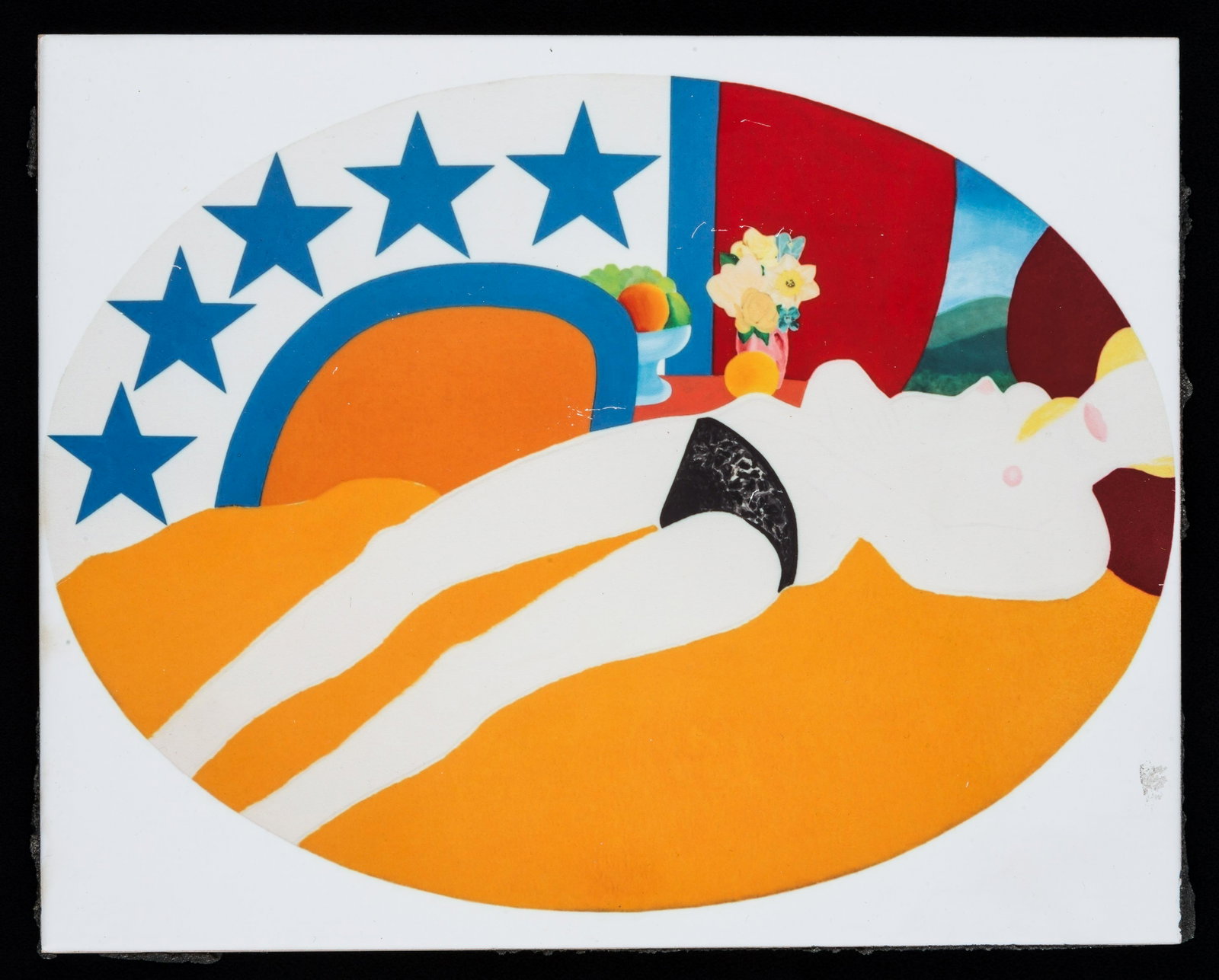 Tom Wesselman Unsigned Ceramic Tile: Tom Wesselman unsigned ceramic tile featuring reclining nude woman, approx 10" x 7", some scratches to matte paint surface, back of tile has rough black grout material.