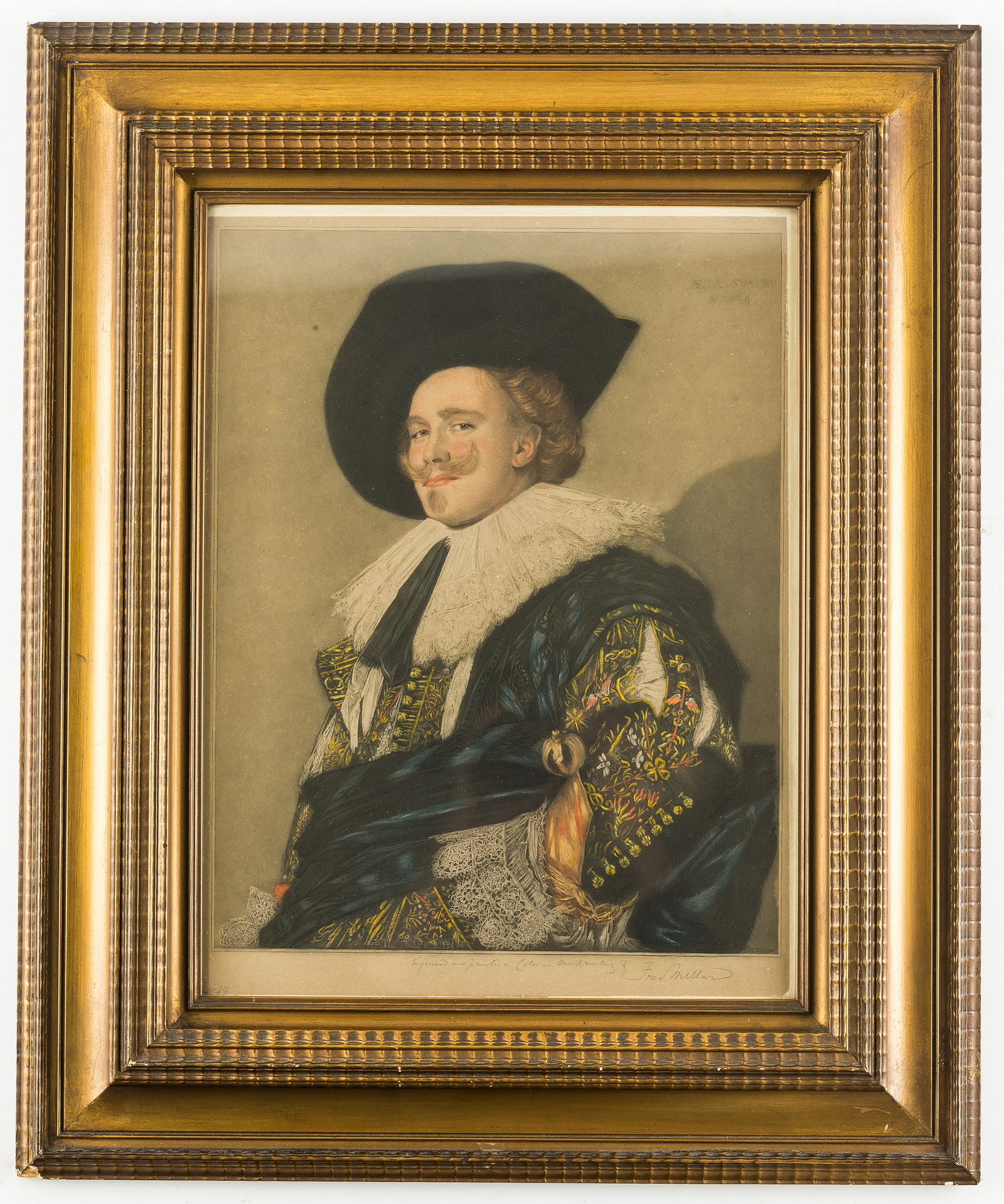 Hand Colored Engraving, Laughing Cavalier: Hand colored Fred Millar engraving of 'Laughing Cavalier' by Frans Hals. 'Engraved and printed in color - one printing by Fred Millar' is hand written and signed in graphite below engraving, on LL say