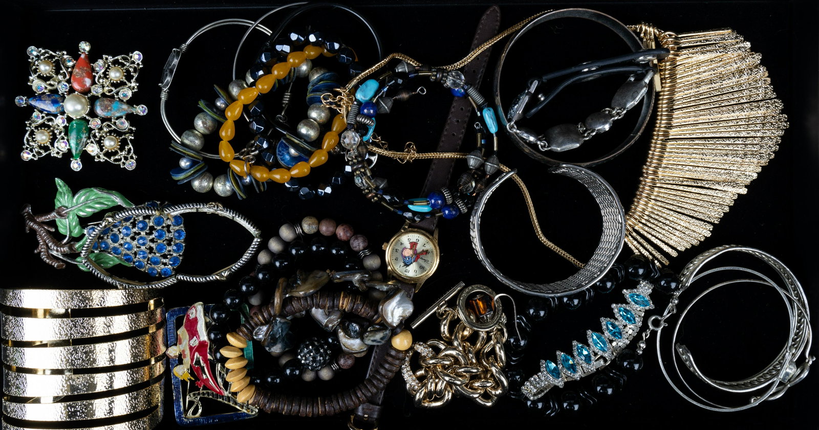 Mixed Jewelry, Bracelets: Various silver and gold tone bracelets, stretchable stone bracelets, necklaces and more.