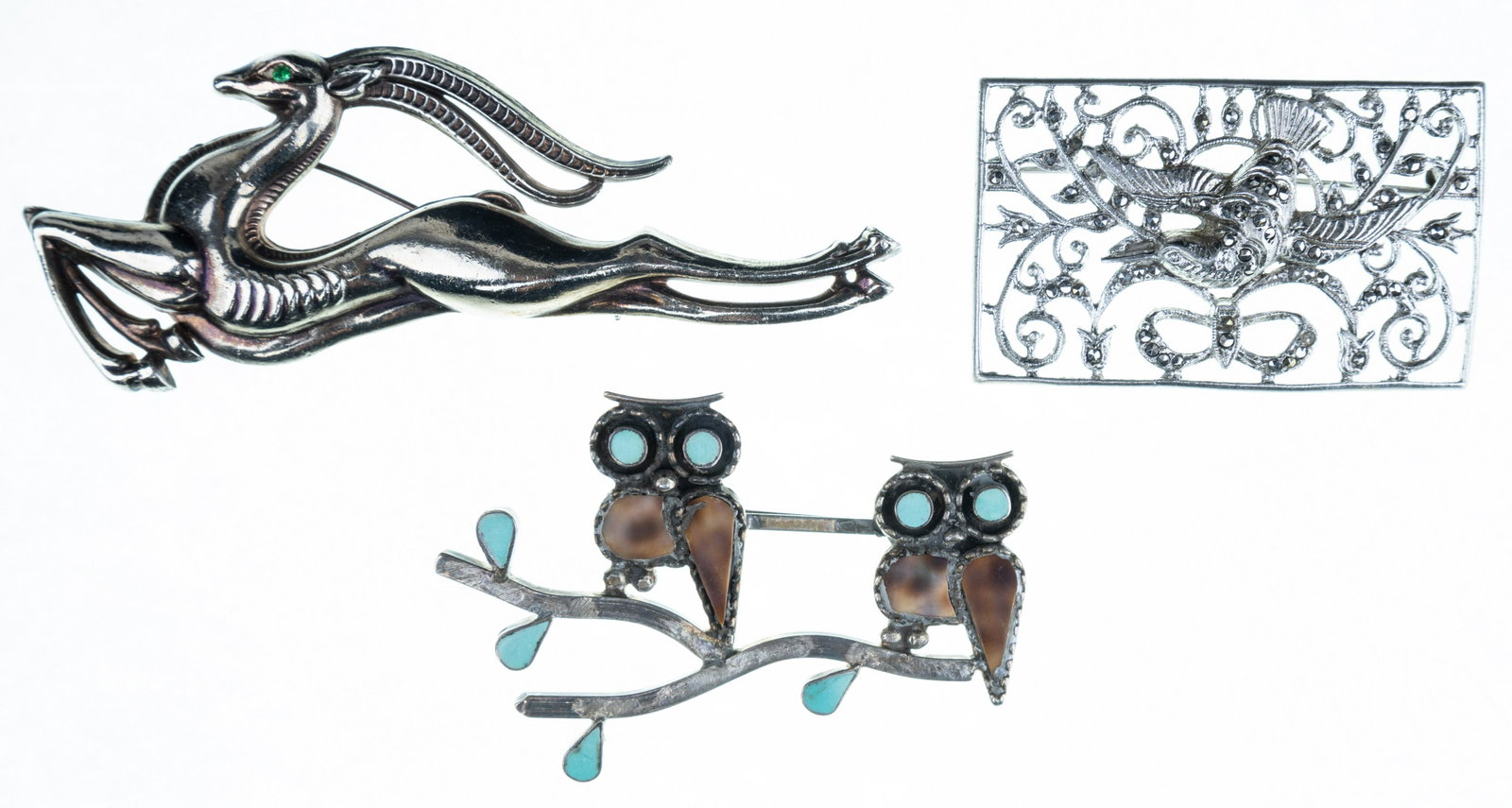 Sterling Paul Lucario Jr Pin, Other Jewelry: Signed Paul Lucario Jr owl duo pin approx 2.5"L, unmarked bounding gazelle pin approx 3.75"L, and unmarked hummingbird marcasite pin.