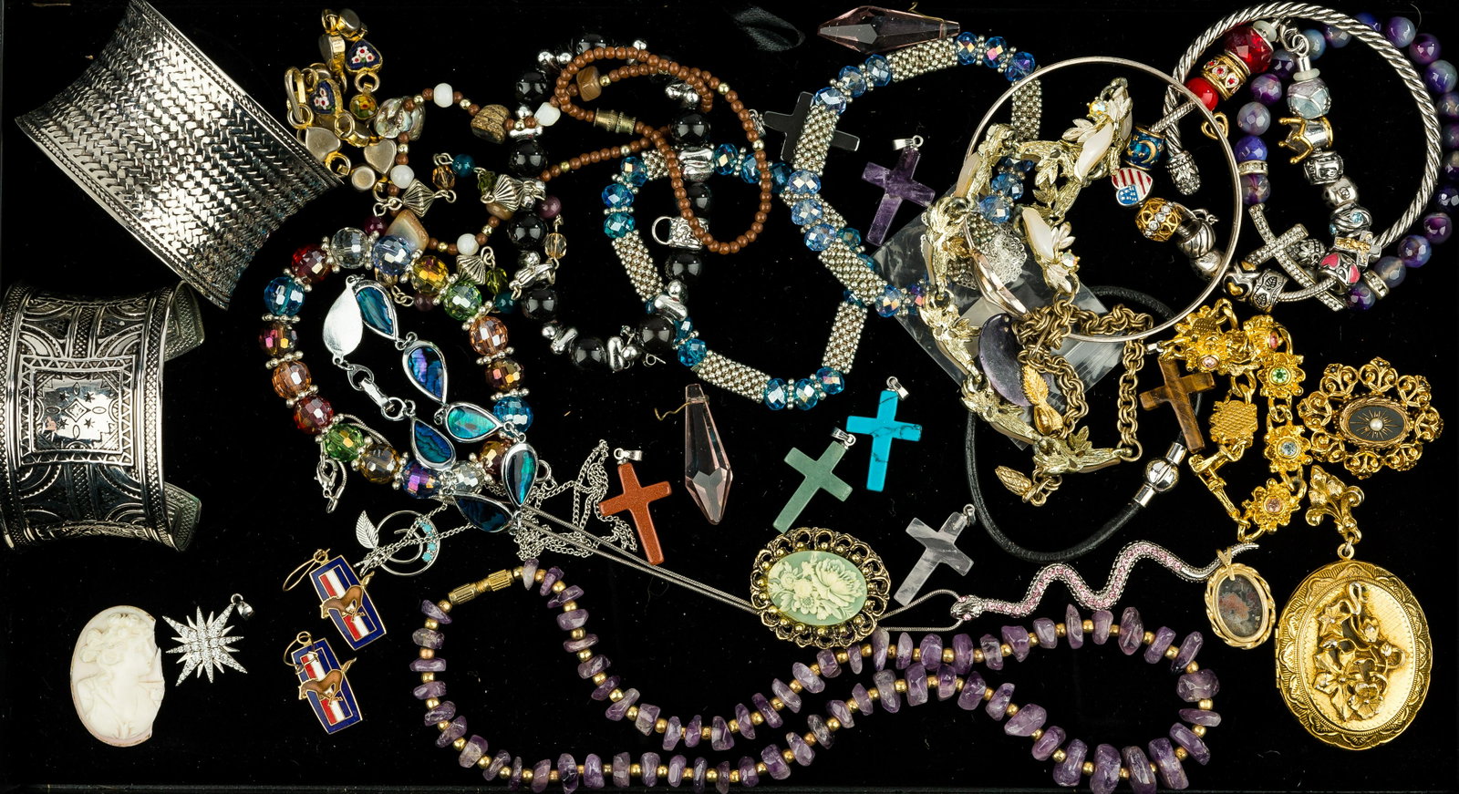 Vintage Jewelry Collection: Bracelets to include stone, charm, and more, amethyst, serpent and other necklaces, bangle, cuff, and other bracelets.