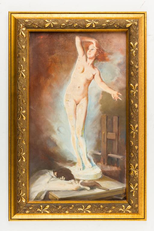 Maria Szanthro (Hun., 1897-1998) Oil on Canvas: Listed artist Maria Szantho (Hungary, 1897-1998) (a/k/a Maria Klauschek) known for her female portraits and nudes. Oil on canvas scene of man with his head down before standing woman (statue), signed