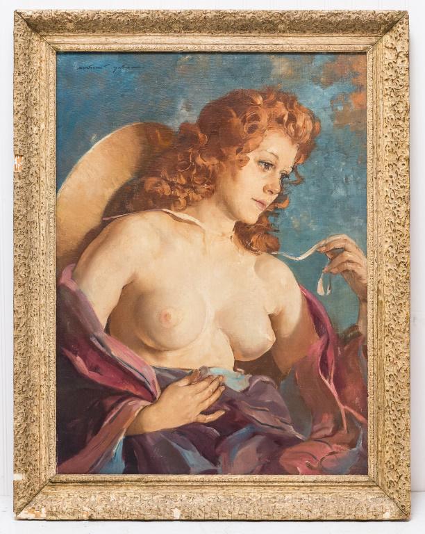 Maria Szanthro (Hun., 1897-1998) Oil on Board: Listed artist Maria Szantho (Hungary, 1897-1998) (a/k/a Maria Klauschek) known for her female portraits and nudes. Signed but illegible UL, oil on board features seated nude woman with surrounding rob