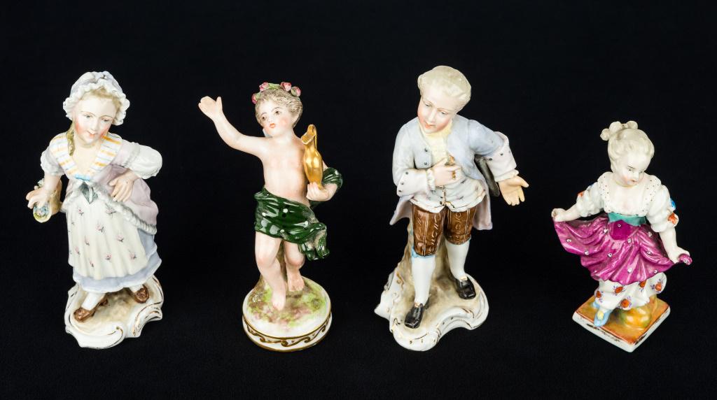 Meissen Porcelain Figures: 4 porcelain figures, 2 marked with strong Meissen marks, 2 others have lesser marks, Meissen gentleman with neck restoration and in painting, approx 5.75"H, Meissen lady with neck, finger, basket rest