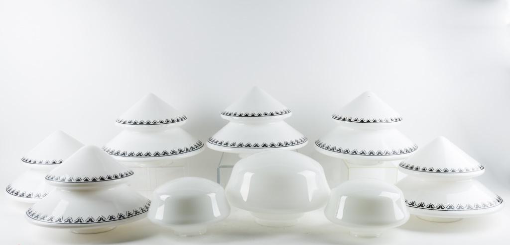 Vintage / Art Deco Glass Light Shades (9): 6 Vintage Art Deco glass light shades originally from a downtown York PA department store, approx 10.5"H x 15.75" diam, and 3 other white glass shades from same period, largest approx 6" collar, 13" d