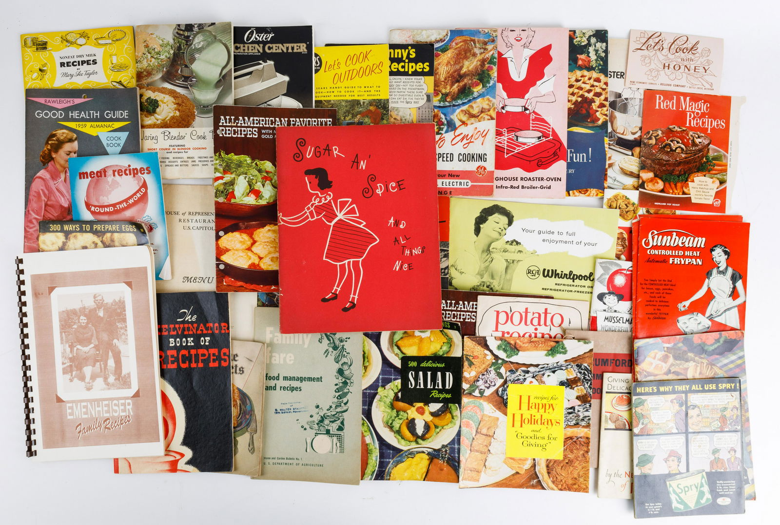 Aunt Jemima, G.E. & Other Vintage Cookbooks: Pillsbury's, Betty Crocker, Oster, Sears, Eastern State Farmer's Exchange, Westinghouse, Aunt' Jemima's, Whirlpool, Spry, Sunbeam, General Electric, Ann Pillsbury and many more.