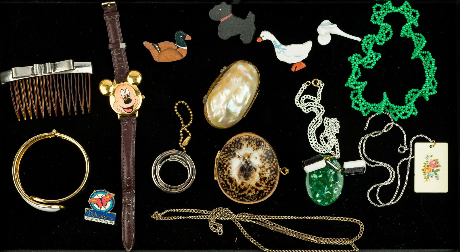Vintage Jewelry and Desk Items: Shell coin purse and mother of pearl coin purse (MoP has crack through one side but still functional), green bead bracelet, plastic pendant necklace, Mickey Mouse Lorus wristwatch, wood animal pins, W