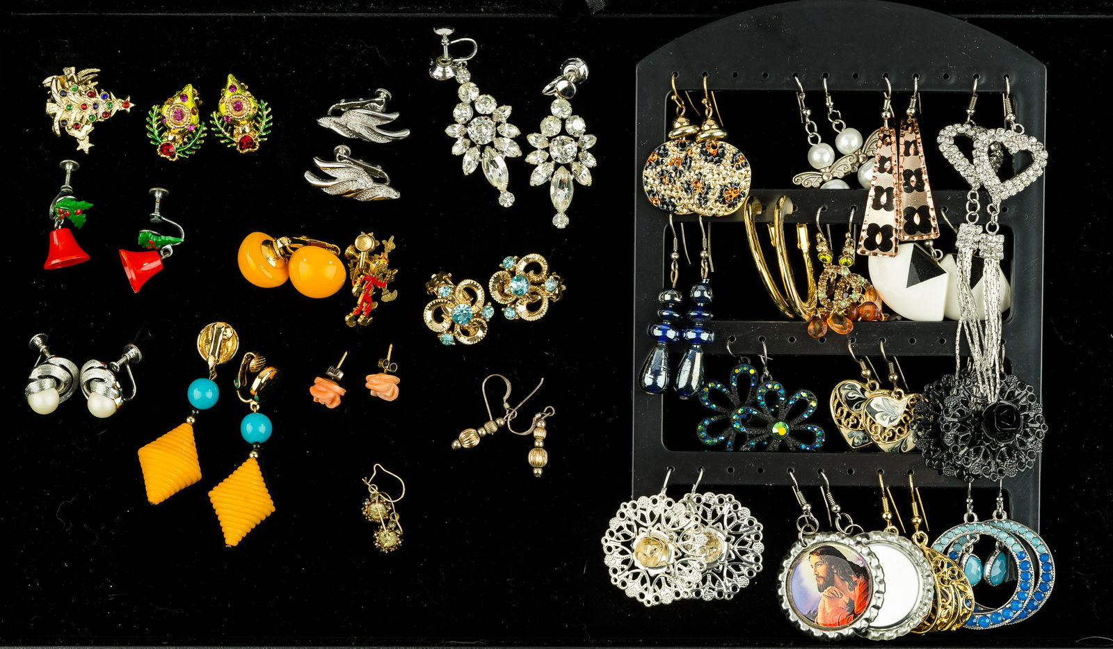 Costume, Designer Earrings: Silver tone Coro clip on earrings, Lisner faux pearl silver tone screwback earrings, MR figure post earrings, and other costume earrings.