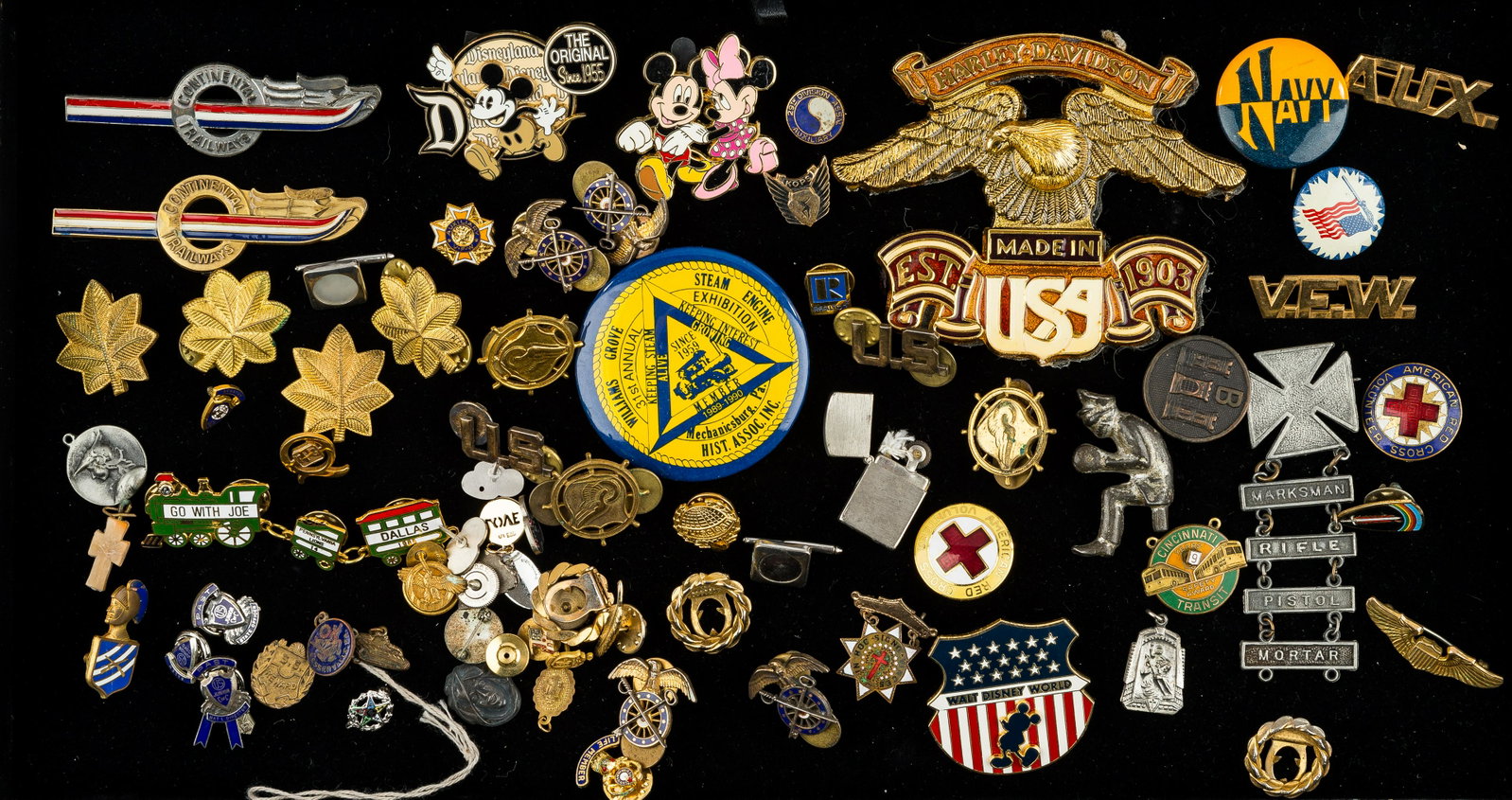 Military Insignia, Disney, Advertising Pins: Military insignia pins, Disney pins, various transportation pins, Harley Davidson emblem, vintage Red Cross pin, and more.