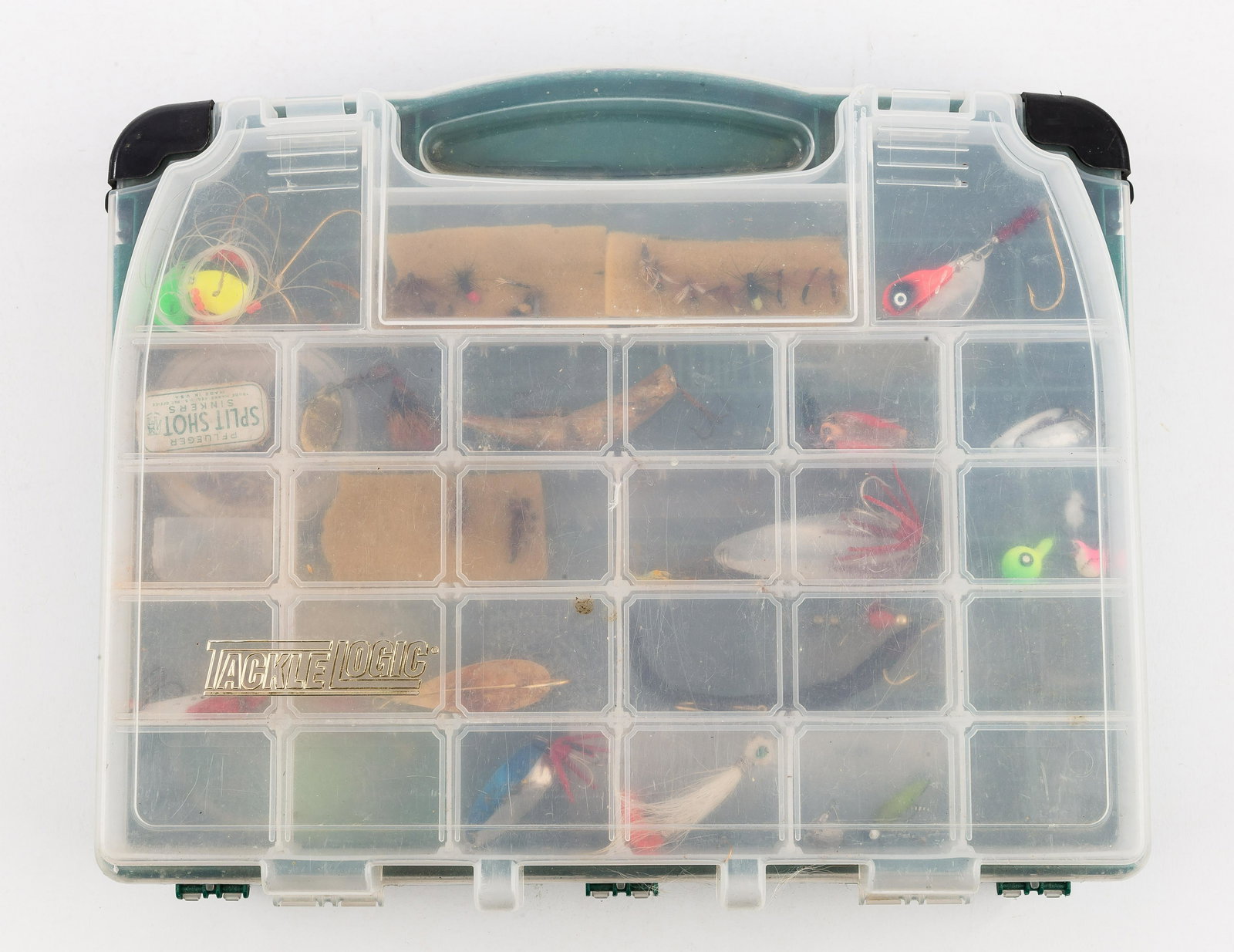 Fishing Flys, Lures, Accessories & Tackle Box: Tackle box with a variety of fishing flys, lures including 'Dardevle' 1oz, 'Mepps 2 Aglia', 'Johnson's Silver Minnow', 'Herter's Inc', 'Little Cleo Wigl', 'Sonar 131', and more.