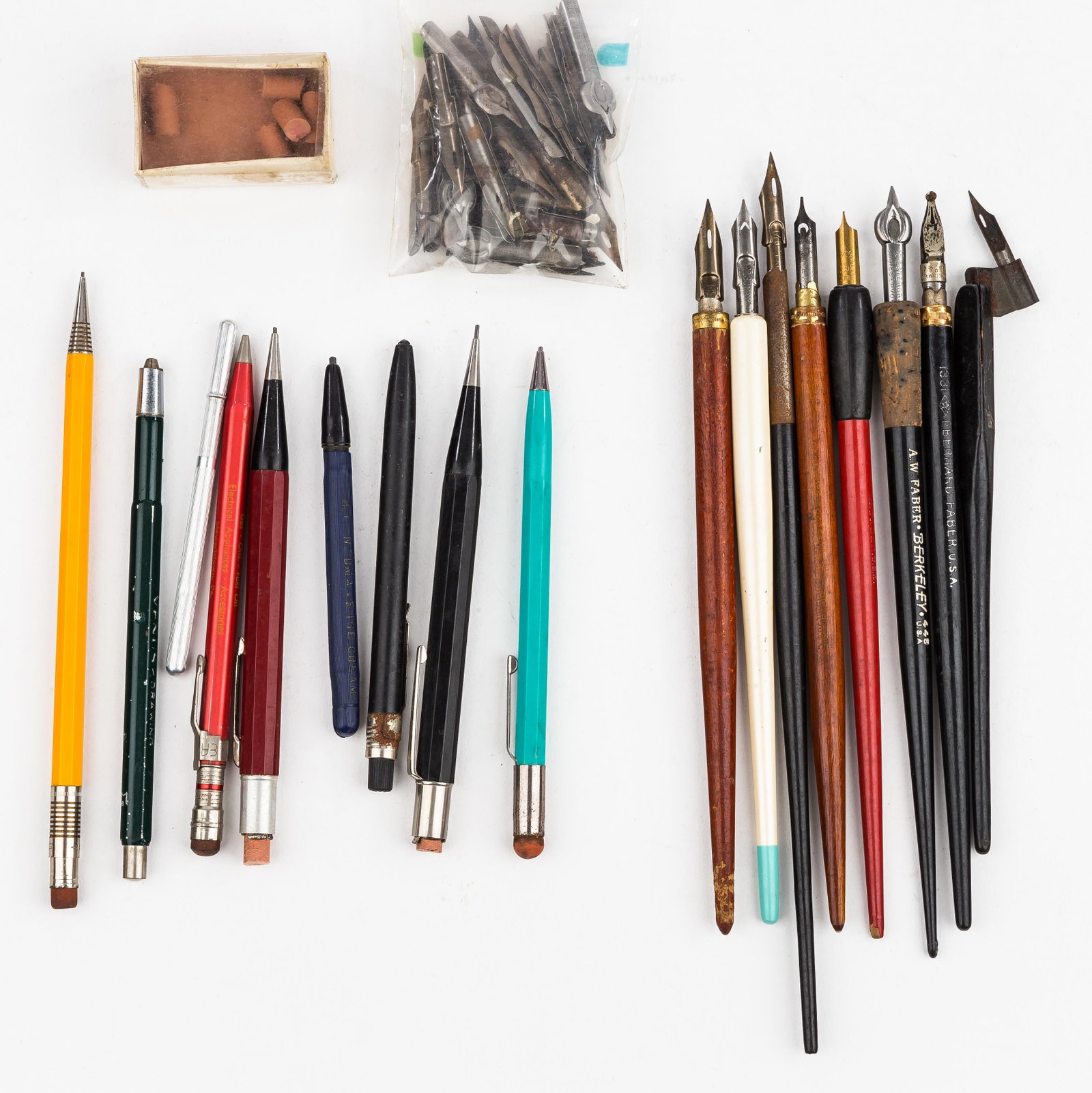 Dip Pens, Mechanical Pencils, Nibs, Erasers: 8 Dip pens including Eagle School Standard, E. Faber, Eberhard Faber, A. W. Faber, and Delta, 8 mechanical pencils including Parker, Venus, Autopoint, Scripto, Skilcraft, and Eagle, vintage erasers, a