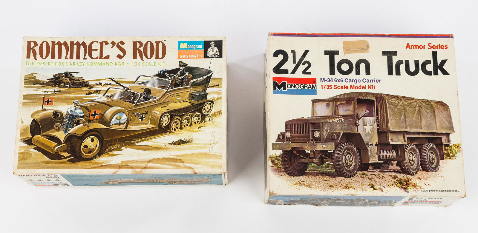 Monogram Scale Model Military Trucks (2): Monogram scale model kits / trucks included Rommel's Rod 1/24 scale, box in poor condition, all parts appear intact/included, and 2.5 Ton truck M-34 Cargo Carrier 1/35 scale, box in good condition, al